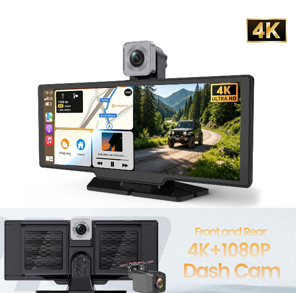 Portable CarPlay Screen for Car 10.26" HD IPS Touchscreen with 4K Dash Cam Front and Rear, 1080P Backup Camera Wireless Carplay & Android Auto Car Audio Receivers