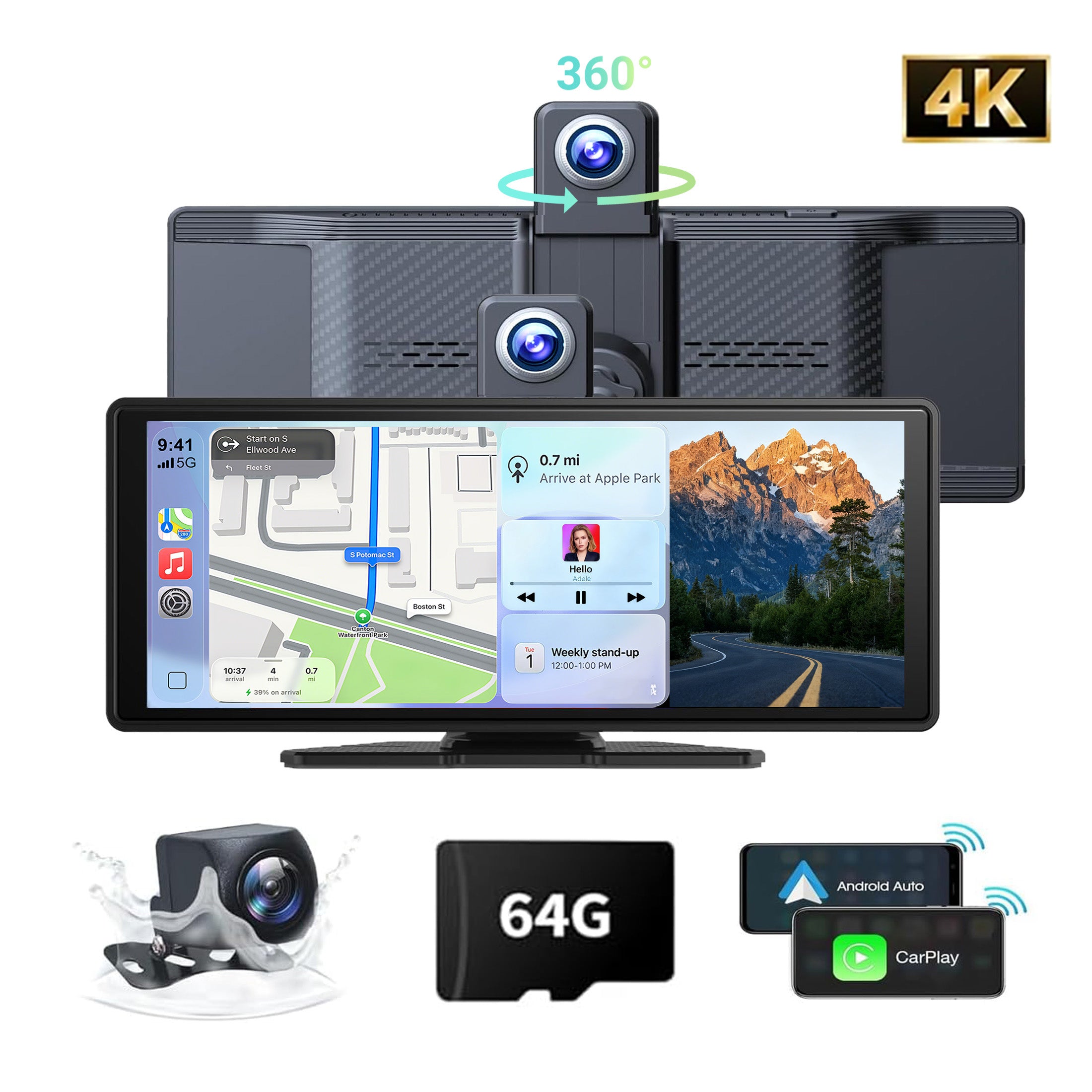 10.26" Portable Wireless CarPlay Screen for Car, Android Auto Display with 1080P Backup Camera, GPS, Bluetooth Touchscreen
