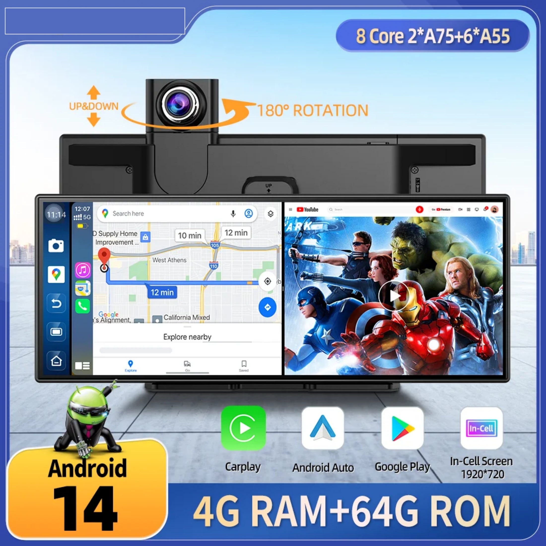 Wireless Carplay & Android Auto with Dash Cam - 11.26 Inch HD IPS Touch Car Play Screen for Car, 4K Front & 1080P Rear Camera, Loop Recording, Bluetooth Audio, Mirror Link, GPS, Siri