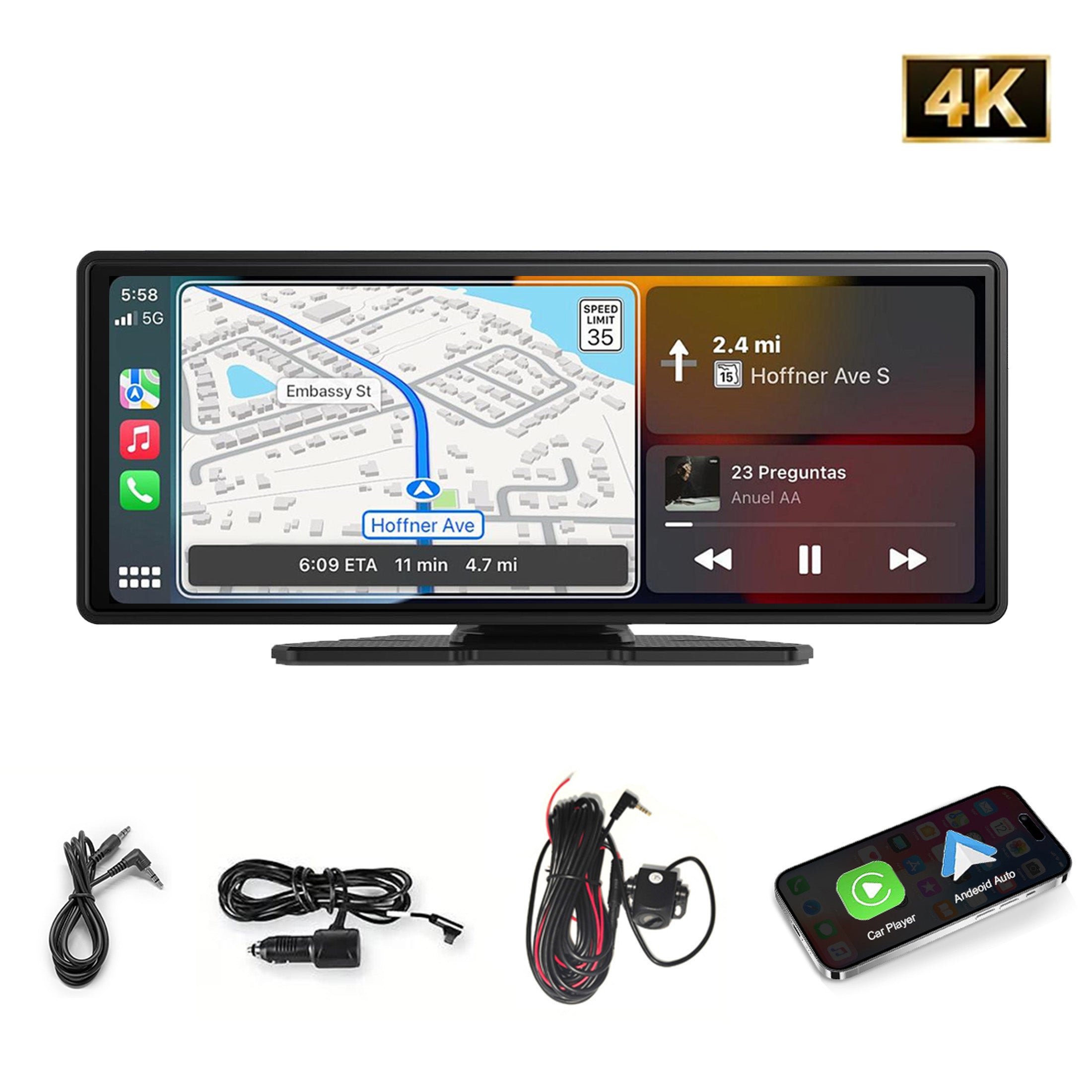 Portable 10.26" Wireless CarPlay & Android Auto Touchscreen Car Display, 2.5D IPS Screen, Bluetooth, FM Transmitter, GPS, Siri Voice Control