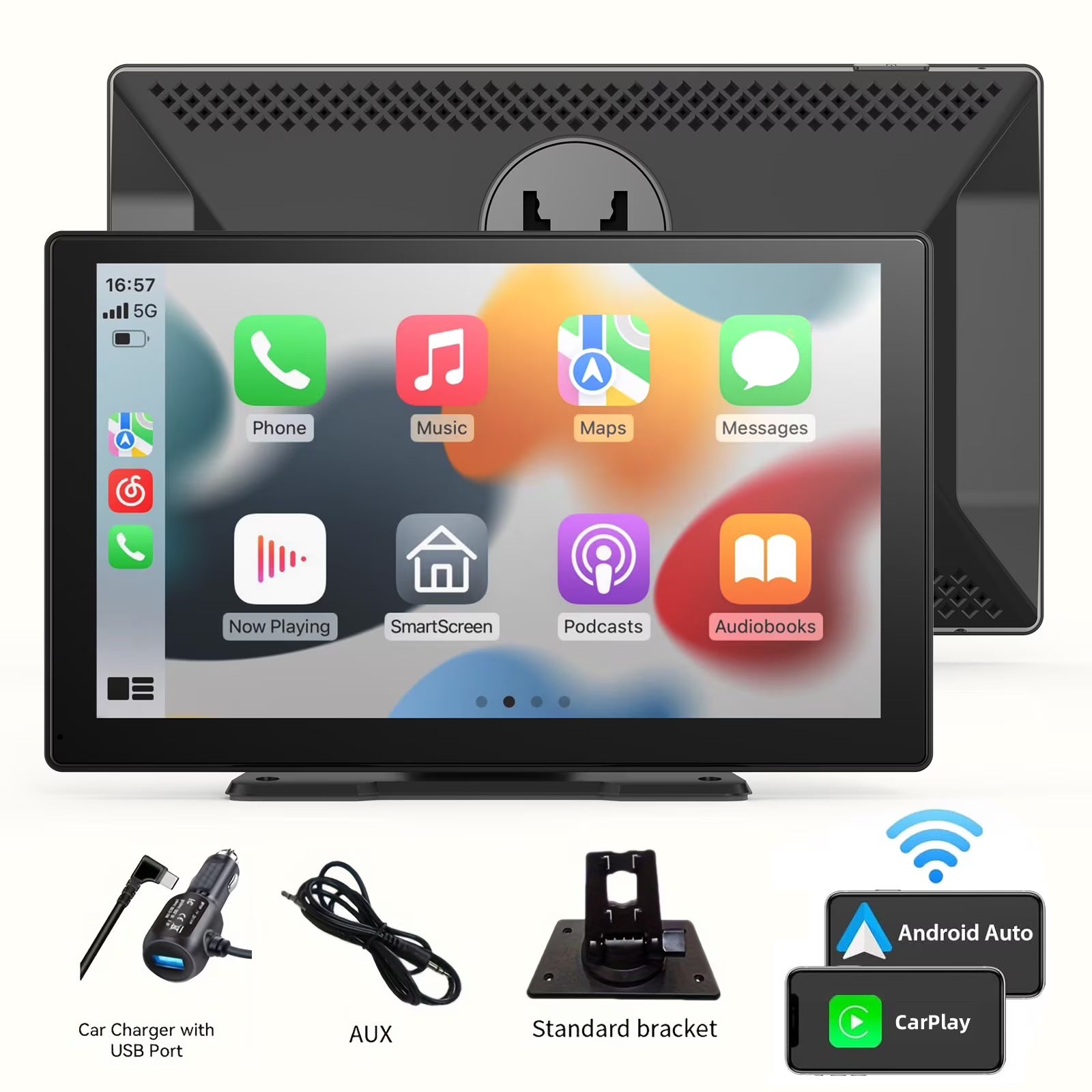 Carplay Screen for Car, 7" HD Wireless Apple CarPlay & Android Auto, Portable Car Stereo Touchscreen with Bluetooth, Mirror Link, Backup Camera, GPS Navigation, AUX, Fits All Vehicles